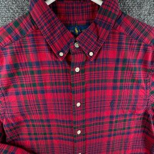 Ralph Lauren Boys Long Sleeve Button Up Oxford Red Blue Plaid XL 18-20 Cotton